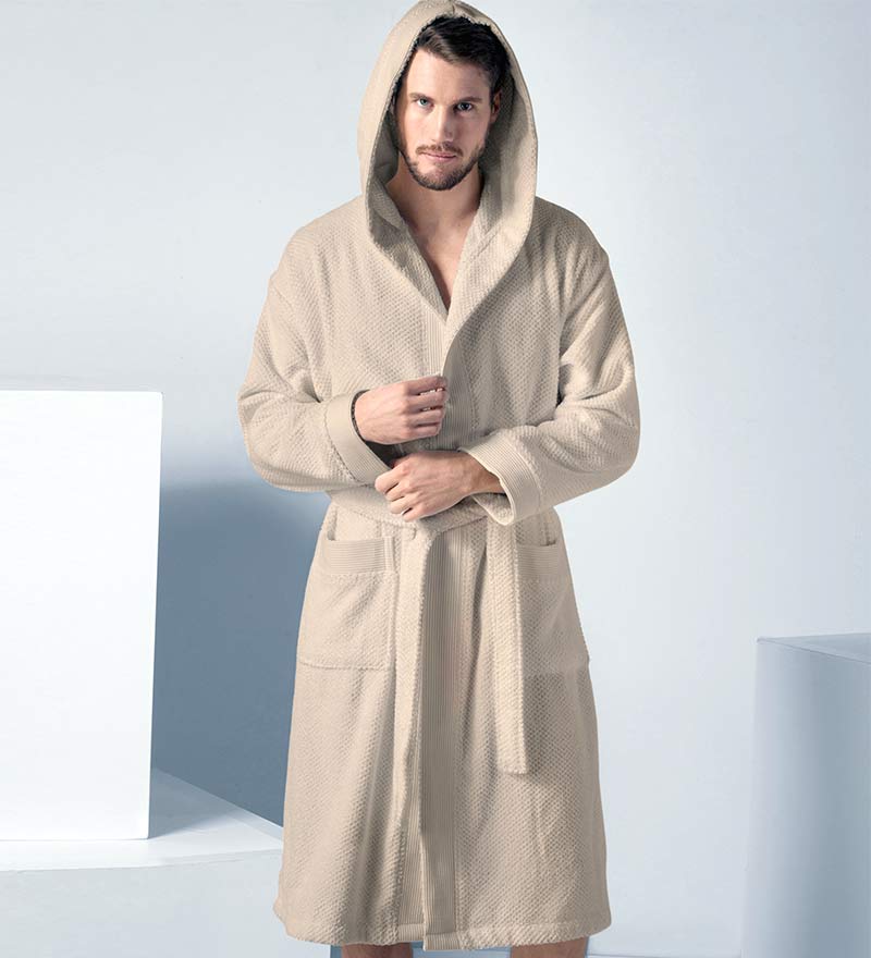 Men's Beige Hooded Terry Cloth Robe - Clearance