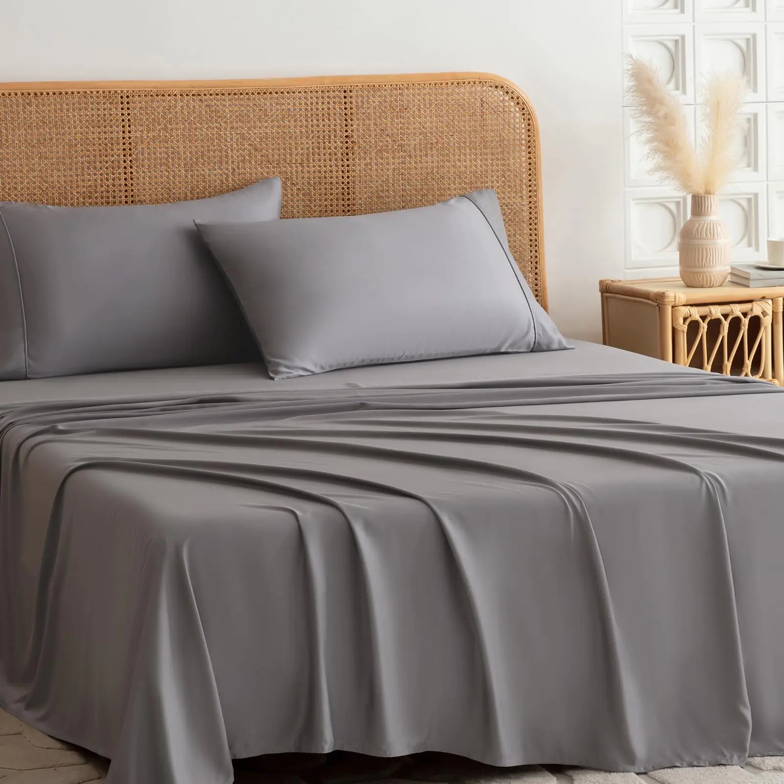 SilkWings Queen Bed Sheet Set -Genuine 100% Organic Viscose Derived from Bamboo Luxuriously Soft & Cooling Deep Pocket 16" Hotel Bedding Sheet Set Grey