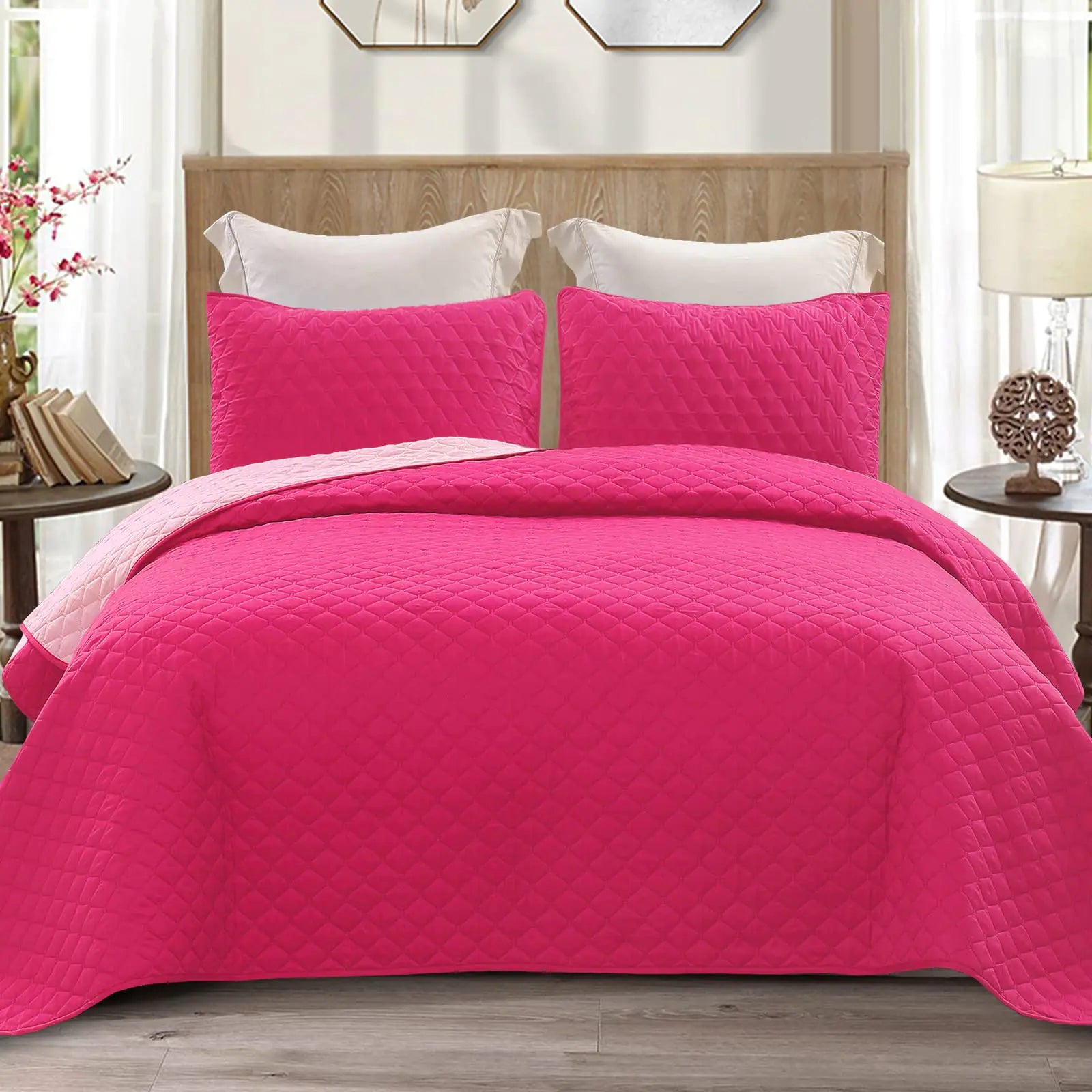 Exclusivo Mezcla Ultrasonic California King Size Quilt Bedding Set with Pillow Shams Lightweight Quilts Cal King Size Soft Bedspreads Bed Coverlets for All Seasons - (Hot Pink 112"x104")